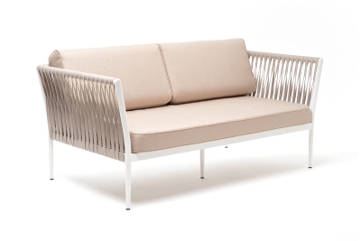 "Касабланка" диван 2-местный плетеный из роупа, каркас алюминий светло-серый (RAL7035) муар, роуп серо-коричневый 23мм, ткань бежевая 052 "Касабланка" диван 2-местный плетеный из роупа, каркас алюминий светло-серый (RAL7035) муар, роуп серо-коричневый 23мм, ткань бежевая 052
