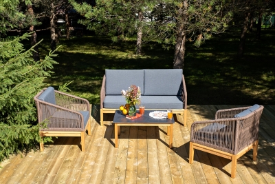 "Канны" лаунж-зона 4-местная из роупа со столиком "Канны" (серый гранит), основание дуб, роуп коричневый