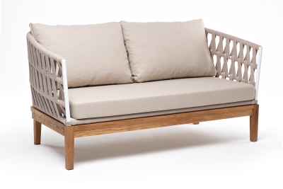 "Диего" диван 2-местный плетеный из роупа, основание дуб, каркас алюминий светло-серый (RAL7035) шагрень, роуп бежевый круглый, ткань бежевая 15052