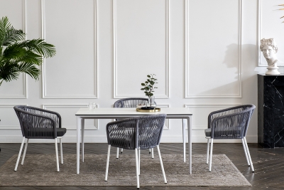 "Малага" обеденная группа на 4 персоны со стульями "Марсель", каркас белый, роуп светло-серый "Малага" обеденная группа на 4 персоны со стульями "Марсель", каркас белый, роуп светло-серый