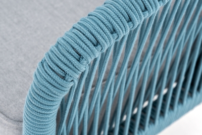 "Канны" диван 2-местный плетеный из роупа, каркас алюминий светло-серый (RAL7035) муар, роуп бирюзовый круглый, ткань светло-серая "Канны" диван 2-местный плетеный из роупа, каркас алюминий светло-серый (RAL7035) муар, роуп бирюзовый круглый, ткань светло-серая