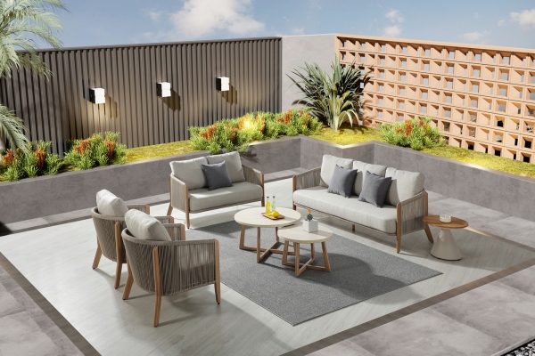 "Куршевель" лаунж-зона 7-местная плетеная из роупа, цвет светло-серый, каркас под дерево