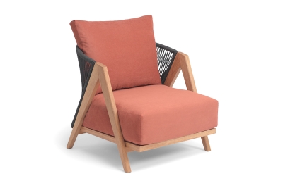 "Гарда" кресло плетеное из роупа, основание дуб, роуп темно-серый круглый, ткань терракотовая