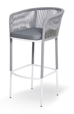 "Марсель" стул барный плетеный из роупа, каркас из стали светло-серый (RAL7035) муар, роуп светло-серый круглый, ткань светло-серая