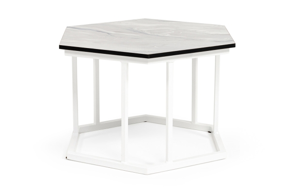 "Женева" интерьерный стол из HPL шестиугольный, D50, H35, цвет "мрамор пепел", каркас из стали белый муар