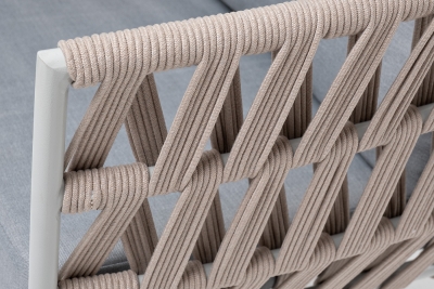 "Диего" кресло плетеное из роупа, каркас алюминий светло-серый (RAL7035) муар, роуп бежевый круглый, ткань светло-серая "Диего" кресло плетеное из роупа, каркас алюминий светло-серый (RAL7035) муар, роуп бежевый круглый, ткань светло-серая