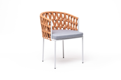 "Диего" стул плетеный из роупа, каркас из стали светло-серый (RAL7035) шагрень, роуп оранжевый меланж круглый, ткань светло-серая "Диего" стул плетеный из роупа, каркас из стали светло-серый (RAL7035) шагрень, роуп оранжевый меланж круглый, ткань светло-серая