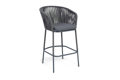 "Бордо" стул барный плетеный из роупа, каркас из стали темно-серый (RAL7024) муар, роуп серый 15мм, ткань темно-серая 027 NEW
