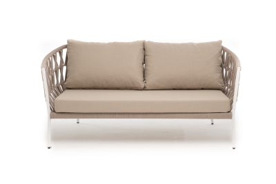 "Диего" диван 2-местный плетеный из роупа, каркас алюминий белый муар, роуп бежевый круглый, ткань бежевая 15052