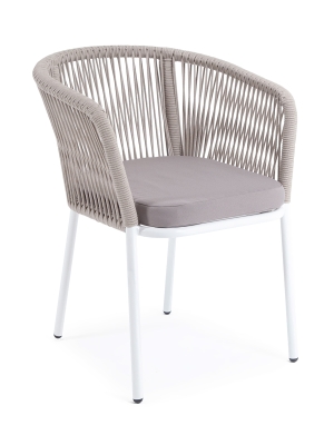 "Марсель" стул плетеный из роупа, каркас алюминий белый муар, роуп бежевый круглый, ткань бежевая 035