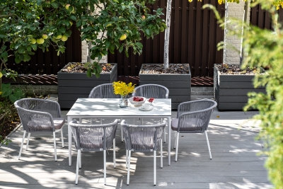 "Малага" обеденная группа на 6 персон со стульями "Марсель", каркас белый, роуп светло-серый