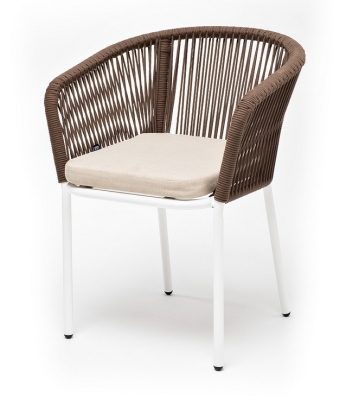 "Марсель" стул плетеный из роупа, каркас алюминий белый муар, роуп коричневый круглый, ткань бежевая 052 "Марсель" стул плетеный из роупа, каркас алюминий белый муар, роуп коричневый круглый, ткань бежевая 052