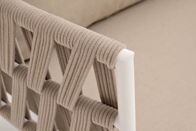 "Диего" диван 2-местный плетеный из роупа, каркас алюминий белый муар, роуп бежевый круглый, ткань бежевая 052 "Диего" диван 2-местный плетеный из роупа, каркас алюминий белый муар, роуп бежевый круглый, ткань бежевая 052