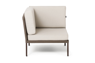 "Канны" угловой модуль плетеный из роупа, каркас алюминий коричневый (RAL8016) муар, роуп коричневый круглый, ткань бежевая 035