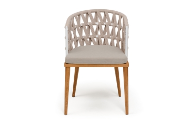 "Диего" стул плетеный из роупа, основание дуб каркас из стали белый муар, роуп бежевый круглый, ткань бежевая 052 
