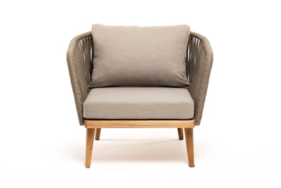 "Мальорка" кресло плетеное из роупа, основание дуб, роуп серо-коричневый 23мм, ткань бежевая 15052