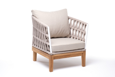 "Диего" кресло плетеное из роупа, основание дуб, каркас алюминий светло-серый (RAL7035) шагрень, роуп бежевый круглый, ткань бежевая 15052