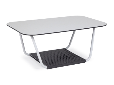 "Гранада" журнальный стол 90х60см из HPL, цвет "молочный", каркас белый муар, роуп темно-серый круглый