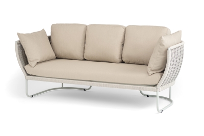 "Фиджи" диван 3-местный плетеный из роупа, каркас алюминий светло-серый (RAL7035) муар, роуп бежевый меланж круглый tex, ткань Mossle бежевая