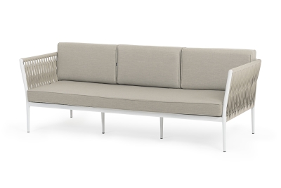 "Касабланка" диван 3-местный плетеный из роупа, каркас алюминий белый муар, роуп бежевый 20мм, ткань бежевая 15052