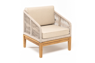 "Канны" кресло плетеное из роупа, основание дуб, роуп бежевый круглый, ткань бежевая 15052