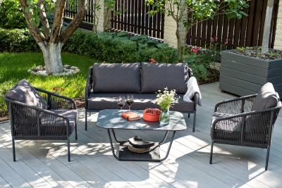 "Канны" диван 2-местный плетеный из роупа, каркас алюминий темно-серый (RAL7024) муар, роуп темно-серый круглый, ткань темно-серая 027 "Канны" диван 2-местный плетеный из роупа, каркас алюминий темно-серый (RAL7024) муар, роуп темно-серый круглый, ткань темно-серая 027