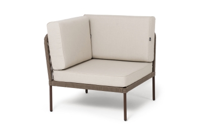 "Канны" угловой модуль плетеный из роупа, каркас алюминий коричневый (RAL8016) муар, роуп коричневый круглый, ткань бежевая 035 "Канны" угловой модуль плетеный из роупа, каркас алюминий коричневый (RAL8016) муар, роуп коричневый круглый, ткань бежевая 035