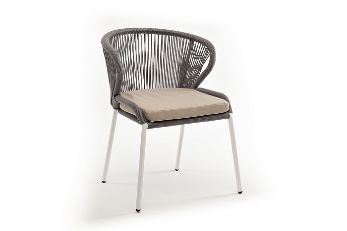 "Милан" стул плетеный из роупа, каркас алюминий белый шагрень, роуп светло-серый круглый, ткань бежевая  - фото 3