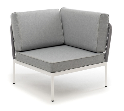 "Канны" угловой модуль плетеный из роупа, каркас алюминий белый шагрень, роуп светло-серый круглый, ткань светло-серая "Канны" угловой модуль плетеный из роупа, каркас алюминий белый шагрень, роуп светло-серый круглый, ткань светло-серая