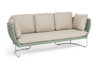 "Фиджи" диван 3-местный плетеный из роупа, каркас алюминий светло-серый (RAL7035) муар, роуп зеленый (4204) круглый tex, ткань Mossle бежевая