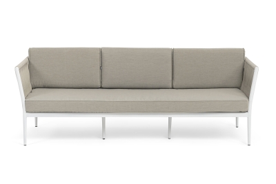 "Касабланка" диван 3-местный плетеный из роупа, каркас алюминий белый муар, роуп бежевый 20мм, ткань бежевая 052 "Касабланка" диван 3-местный плетеный из роупа, каркас алюминий белый муар, роуп бежевый 20мм, ткань бежевая 052