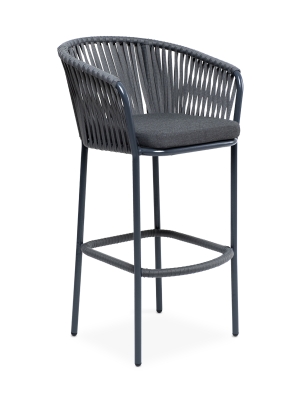 "Бордо" стул барный плетеный из роупа, каркас из стали темно-серый (RAL7024) муар, роуп серый 15мм, ткань темно-серая 027