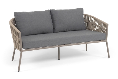 "Комо" диван 2-местный плетеный из роупа, каркас алюминий бежево-серый (RAL7006) муар, роуп серо-коричневый 23мм, ткань темно-серая 027