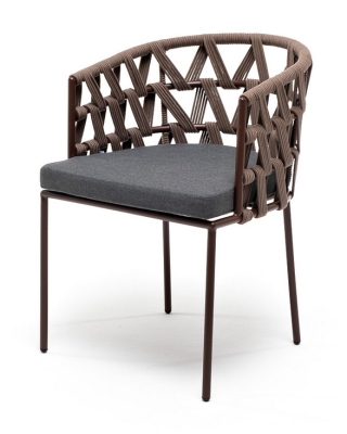 "Диего" стул плетеный из роупа, каркас из стали коричневый (RAL8016) муар, роуп коричневый круглый, ткань темно-серая 027 "Диего" стул плетеный из роупа, каркас из стали коричневый (RAL8016) муар, роуп коричневый круглый, ткань темно-серая 027