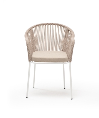 "Лион" стул плетеный из роупа, каркас из стали белый муар, роуп бежевый круглый, ткань бежевая
