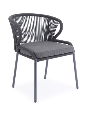 "Милан" стул плетеный из роупа, каркас алюминий темно-серый (RAL7024) муар, роуп темно-серый круглый, ткань темно-серая 027