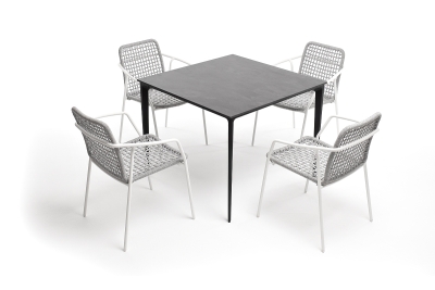 "Малага" обеденная группа на 4 персоны со стульями "Тунис", каркас белый, роуп светло-серый