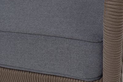 "Канны" диван 3-местный плетеный из роупа, каркас алюминий белый муар, роуп коричневый круглый, ткань темно-серая 027