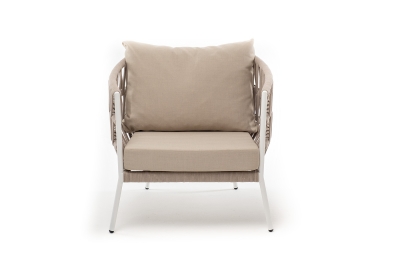 "Диего" кресло плетеное из роупа, каркас алюминий белый муар, роуп бежевый круглый, ткань бежевая 052 "Диего" кресло плетеное из роупа, каркас алюминий белый муар, роуп бежевый круглый, ткань бежевая 052