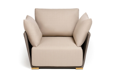 "Форли" кресло плетеное из роупа, каркас алюминий светло-серый (RAL7035) муар, роуп серо-коричневый 23мм, ткань Mossle бежевая