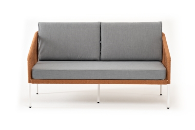 "Канны" диван 2-местный плетеный из роупа, каркас алюминий светло-серый (RAL7035) муар, роуп оранжевый меланж круглый, ткань светло-серая "Канны" диван 2-местный плетеный из роупа, каркас алюминий светло-серый (RAL7035) муар, роуп оранжевый меланж круглый, ткань светло-серая