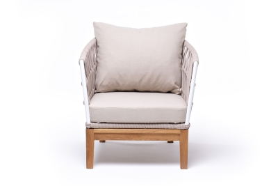 "Диего" кресло плетеное из роупа, основание дуб, каркас алюминий светло-серый (RAL7035) шагрень, роуп бежевый круглый, ткань бежевая 15052