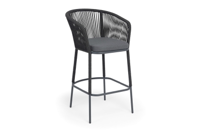 "Марсель" стул барный плетеный из роупа, каркас из стали темно-серый (RAL7024) муар, роуп темно-серый круглый, ткань темно-серая 027 NEW