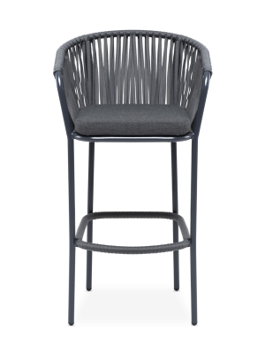 "Бордо" стул барный плетеный из роупа, каркас из стали темно-серый (RAL7024) муар, роуп серый 15мм, ткань темно-серая 027