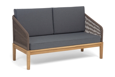 "Канны" диван 2-местный плетеный из роупа, основание дуб, роуп коричневый круглый, ткань темно-серая 027 NEW