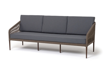 "Канны" диван 3-местный плетеный из роупа, каркас алюминий коричневый (RAL8016) муар, роуп коричневый круглый, ткань темно-серая 027