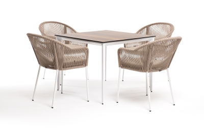 "Малага" обеденная группа на 4 персоны со стульями "Лион", каркас белый, роуп бежевый "Малага" обеденная группа на 4 персоны со стульями "Лион", каркас белый, роуп бежевый