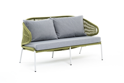"Милан" диван 2-местный плетеный из роупа, каркас алюминий светло-серый (RAL7035) муар, роуп салатовый меланж круглый, ткань светло-серая "Милан" диван 2-местный плетеный из роупа, каркас алюминий светло-серый (RAL7035) муар, роуп салатовый меланж круглый, ткань светло-серая