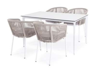 "Малага" обеденная группа на 4 персоны со стульями "Марсель", каркас белый, роуп бежевый "Малага" обеденная группа на 4 персоны со стульями "Марсель", каркас белый, роуп бежевый