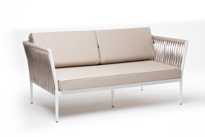 "Касабланка" диван 2-местный плетеный из роупа, каркас алюминий белый муар, роуп бежевый 20мм, ткань бежевая 15052 "Касабланка" диван 2-местный плетеный из роупа, каркас алюминий белый муар, роуп бежевый 20мм, ткань бежевая 15052